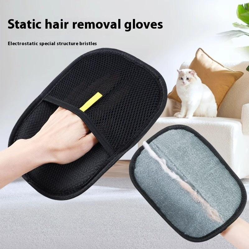 The black mesh hair-removal mitt and its softer fabric reverse shown beside a cat on a couch