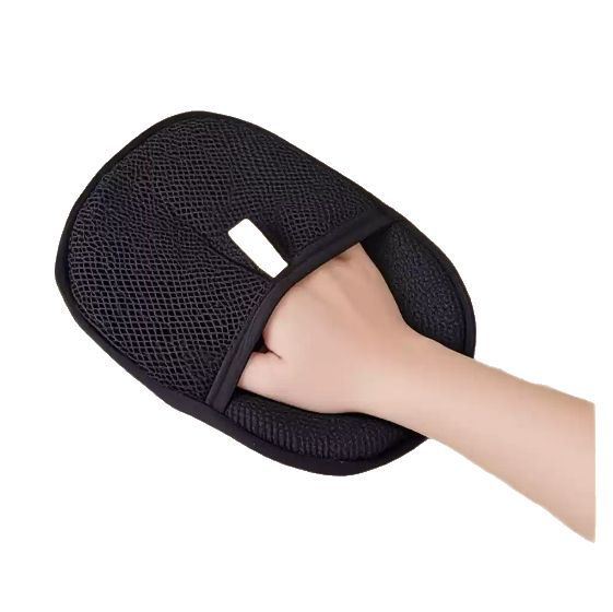 The black mesh pet hair remover mitt with its wide palm strap